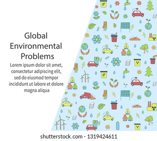 Global environmental problems concept. Colorful banner with hand drawn symbols of the ecology pollution concept. Modern banner for web design