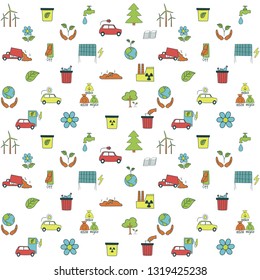 Global environmental problems concept. Colorful seamless background with hand drawn symbols of the ecology pollution concept. Modern round frame for web design and print