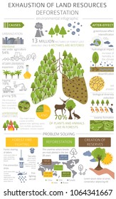 Global environmental problems. Exhaustion of land resources infographic. Deforestation. Vector illustration