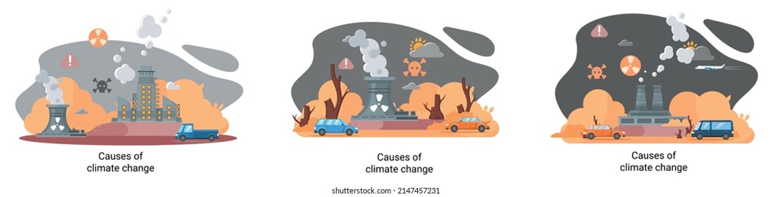 Global environmental problems. Land degradation. Soil erosion, desertification, deforestation. Causes climate change metaphor. Harm from activities industrial enterprises and emissions destroy planet