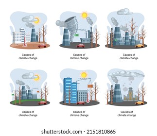 Global environmental problems. Land degradation. Soil erosion, desertification, deforestation. Causes climate change metaphor. Harm from activities industrial enterprises and emissions destroy planet