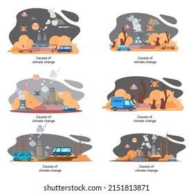 Global environmental problems. Land degradation. Soil erosion, desertification, deforestation. Causes climate change metaphor. Harm from activities industrial enterprises and emissions destroy planet