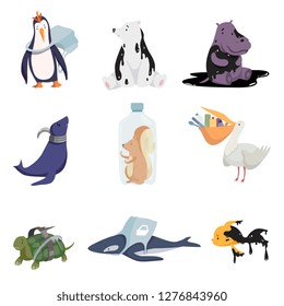 Global environmental problems set, pollution of water, air, earth, ecological disasters vector Illustration on a white background