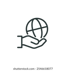 Global environmental protection, worldwide earth care, outline icon. Line sign globe with latitude and longitude in hand. Vector isolated pictogram for web on white background editable stroke.