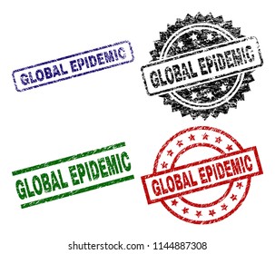 GLOBAL EPIDEMIC seal prints with damaged surface. Black, green,red,blue vector rubber prints of GLOBAL EPIDEMIC text with unclean surface. Rubber seals with round, rectangle, rosette shapes.