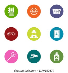 Global espionage icons set. Flat set of 9 global espionage icons for web isolated on white background