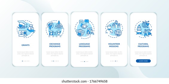 Global exchange program onboarding mobile app page screen with concepts. Volunteer mission. Education abroad walkthrough 5 steps graphic instructions. UI vector template with RGB color illustrations