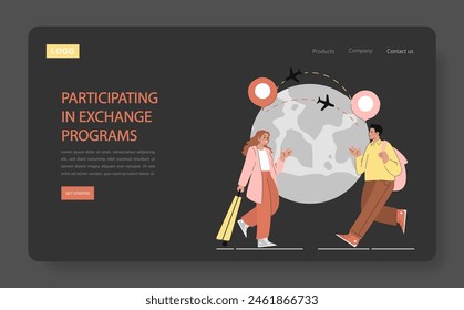 Global exchange programs concept. Students with luggage walking in front of a stylized globe, promoting international education. Cross-cultural experiences. Vector illustration.