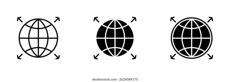 Globales Erweiterungssymbol. Globales Expansions-Vektorsymbol im Liniendesign. Globales Erweiterungssymbol auf weißem Hintergrund. Vektorgrafik.