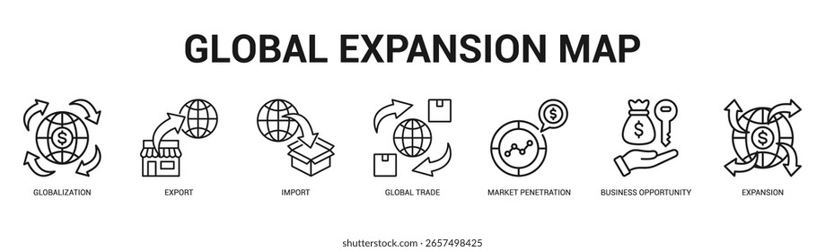 Globale Erweiterungskarte Moderne und saubere Web-Banner-Illustration mit thematischen Symbolen für visuelle Kommunikation