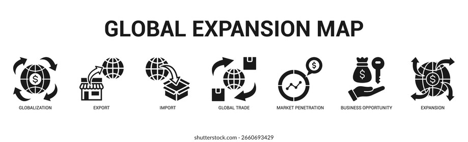 Globale Erweiterungskarte Moderne und saubere Web-Banner-Illustration mit thematischen Symbolen für visuelle Kommunikation