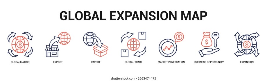Globale Erweiterungskarte Moderne und saubere Web-Banner-Illustration mit thematischen Symbolen für visuelle Kommunikation