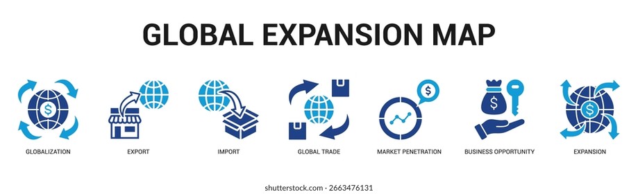 Globale Erweiterungskarte Moderne und saubere Web-Banner-Illustration mit thematischen Symbolen für visuelle Kommunikation