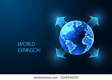 Globale Expansion, technologischer Fortschritt futuristisches Konzept mit Planet Erde Globus und Pfeile in Glühen Low-Polygonal einzeln auf blauem Hintergrund. Moderne Drahtgitter-Konstruktion, Vektorgrafik.