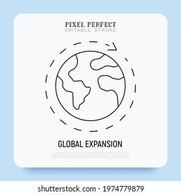 Global expansion thin line icon. Globe with around arrow. Globalization. Pixel perfect, editable stroke. Vector illustration.