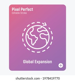 Global expansion thin line icon. Globe with around arrow. Globalization. Pixel perfect, editable stroke. Vector illustration.