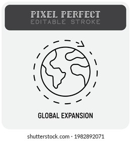 Dünnliniensymbol für globale Expansion. Globe mit rund einem Pfeil. Globalisierung. Pixel perfekt, bearbeitbarer Strich. Vektorgrafik.