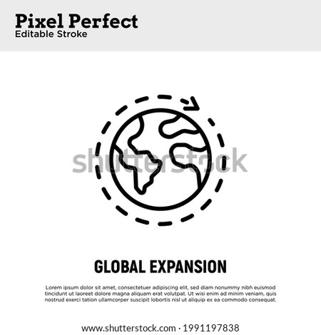 Global expansion thin line icon. Globe with around arrow. Globalization. Pixel perfect, editable stroke. Vector illustration.