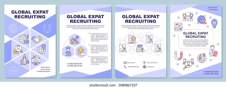 Plantilla de folleto sobre contratación de extranjeros a nivel mundial. Contratando empleados en el extranjero. Volante, folleto, folleto impreso, diseño de portada con iconos lineales. Diseños vectoriales para presentación, informes anuales, páginas publicitarias

