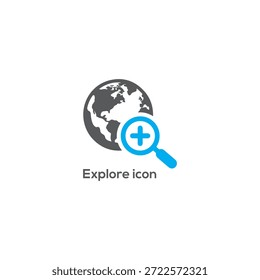 Globales Erkunden-Symbol mit Erdglobus und Vergrößerungsglas-Symbol für Suche, Entdeckung, Reise-Apps und Webdesign

