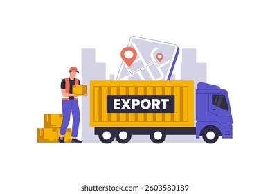 Global export logistics and freight transportation concept Illustration. Container shipping and global trade logistics. Illustrations for websites, landing pages, mobile apps, posters and banners