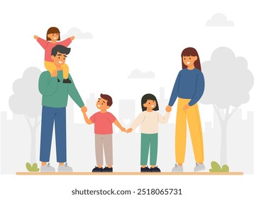 Global family day. Heterosexual couple with three kids walking together at the park. Lifestyle concept
