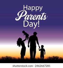 Global Family Day is a public holiday. Happy family in front of the sunset vector illustration.