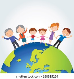 Global family. Happy family standing on the top of the world.