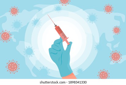 Global Family Vaccination Concept. Nurse or Doctor Hand in medical glove holding Syringe with Vaccine. Spreaded bacteria virus spread worldwide on blue world map. Vector Horizontal Banner Illustration