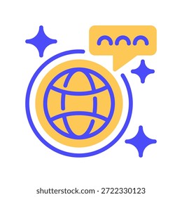 Icono de la línea global del Comentarios, símbolo del esquema para la revisión internacional, la opinión mundial, la Encuesta global, la respuesta universal y la comunicación terrestre. Icono de signo de Vector.