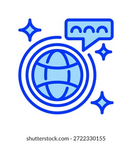 Ícone da linha de feedback global, símbolo de esboço para revisão internacional, opinião mundial, pesquisa global, resposta universal e comunicação da Terra. Ícone de sinal vetorial.