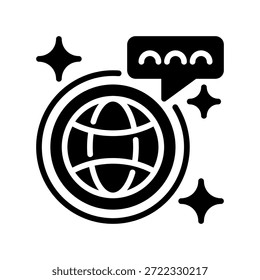 Icono de la línea global del Comentarios, símbolo del esquema para la revisión internacional, la opinión mundial, la Encuesta global, la respuesta universal y la comunicación terrestre. Icono de signo de Vector.