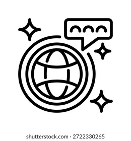 Icono de la línea global del Comentarios, símbolo del esquema para la revisión internacional, la opinión mundial, la Encuesta global, la respuesta universal y la comunicación terrestre. Icono de signo de Vector.
