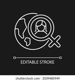 Global feminism white linear icon for dark theme. Women rights movement across globe. Thin line customizable illustration. Isolated vector contour symbol for night mode. Editable stroke