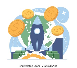 Global finance concept. Rocket takes off against background of coins and banknotes. Successful project. Financial literacy and passive income. Poster or banner. Cartoon flat vector illustration