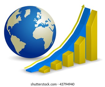 Finanças globais. Gráfico de crescimento com mapa do mundo em segundo plano.