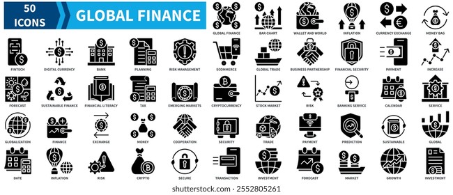 Global Finance icon collection set. Containing global finance, inflation, exchange, growth, financial service, global economy, investment, bank, risk management icon. Simple black fill vector.