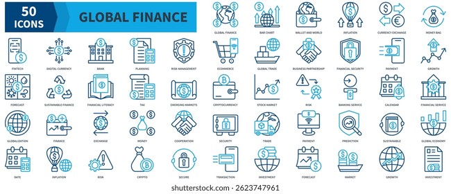 Global Finance Icon Collection Set. Containing Inflation, Exchange, Growth, Financial Service, Global Economy, Investment, Bank, Risk Management Icon. Dualtone Outline Style