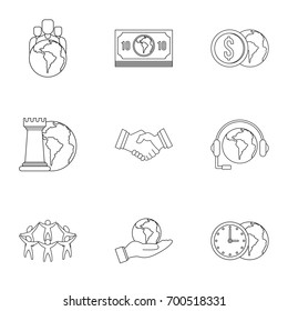 Global finance icon set. Outline set of 9 global finance vector icons for web isolated on white background