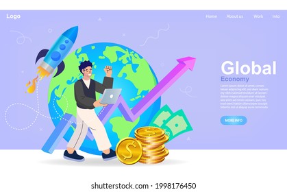 Global Finance. Online trading technology. Investment adviser. Growth in equity prices. Human with Coin and Earth. Increases growth with rocket launch boost. Flat Design Conceptual Illustration.