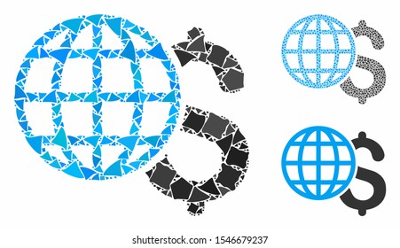 Global finances mosaic of irregular items in variable sizes and color hues, based on global finances icon. Vector irregular elements are united into collage.