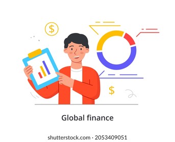 Análisis Financiero Global. El hombre estudia las estadísticas y elabora estrategias para aumentar los beneficios. El empleado mantiene la carpeta con gráfico y gráfico. Dibujo vectorial plano de dibujos animados aislado en fondo blanco