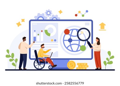 Global financial analytics, strategic analysis. Tiny diverse people of SEO marketing team evaluate with magnifying glass results on computer screen and points on world map cartoon vector illustration