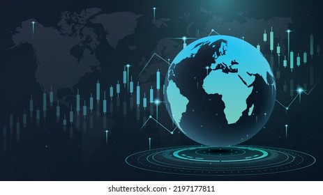 Global financial concept. Globe on background of graphs and charts. Financial literacy, economics, investment and trading. Globalization and international trade. Realistic neon vector illustration