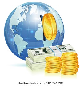 Global Financial Concept with Money and Earth, vector icon isolated on white