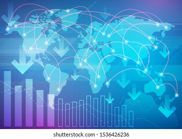 Global financial crisis background. Decline of World's economy.Financial elements blue background, vector illustration. 
