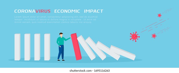 Global financial crisis. Businessman stopping falling domino. COVID-19 Coronavirus economic impact. Flat 3d isometric 3d. Business management and solution concept. Vector illustration.