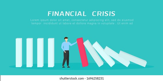 Global financial crisis. Businessman stopping falling domino. COVID-19 Coronavirus economic impact. Flat 3d isometric 3d. Business management and solution concept. Vector illustration.