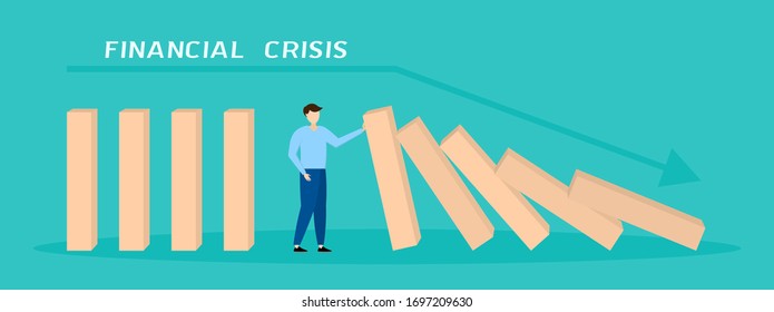 Global financial crisis. Businessman stopping falling domino. COVID-19 Coronavirus economic impact. Flat 3d isometric 3d. Business management and solution concept. Vector illustration.