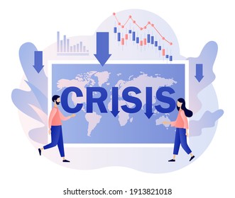 Global financial crisis concept. Tiny businessmen faces Coronavirus pandemic or COVID-19 impact on global economy and stock markets. Economic downturn. Modern flat cartoon style. Vector illustration 